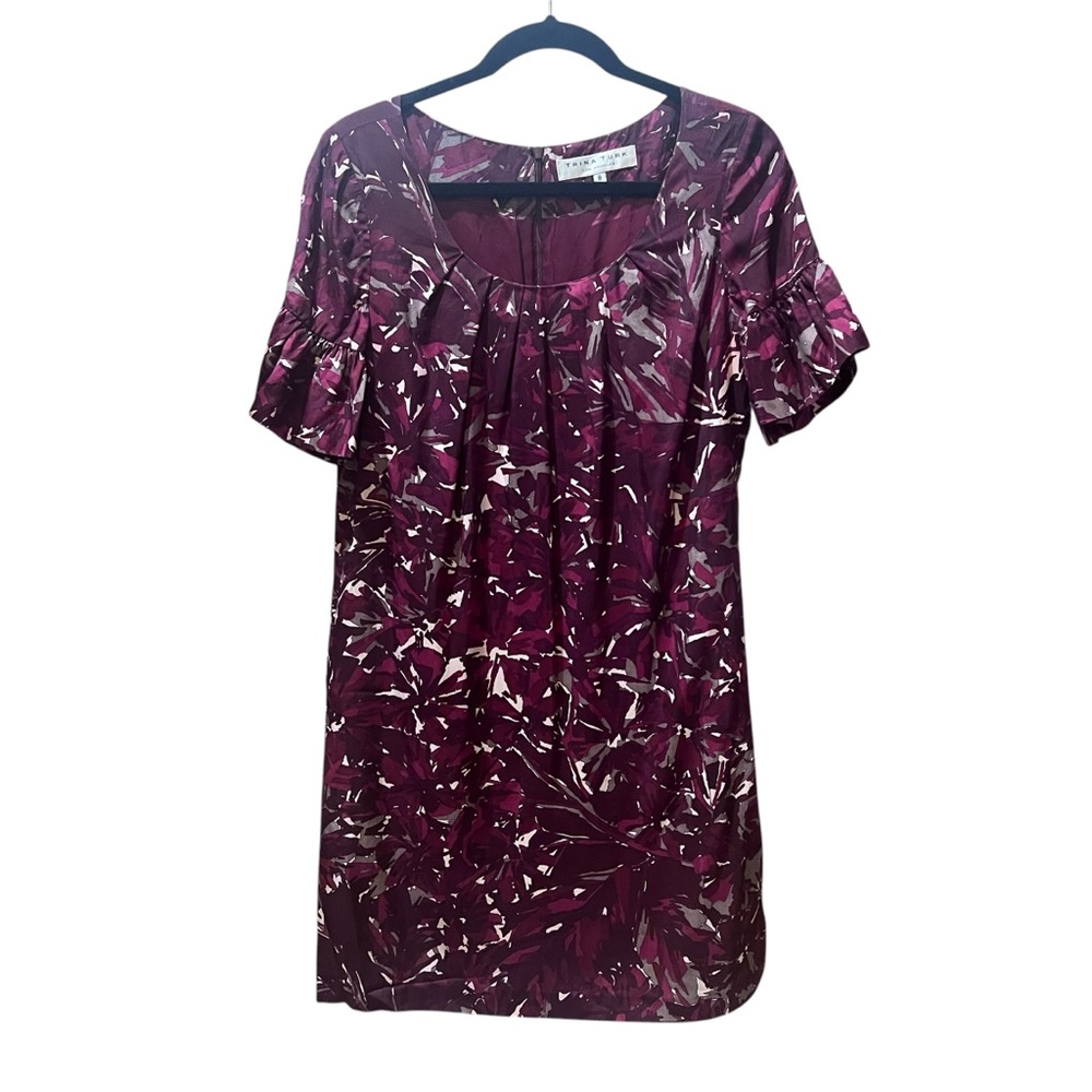Trina‎ Turk Maroon Sakura Floral pattern silk wool dress size 8